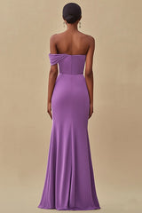One Shoulder Purple Ruched Sheath Long Formal Dress with Slit