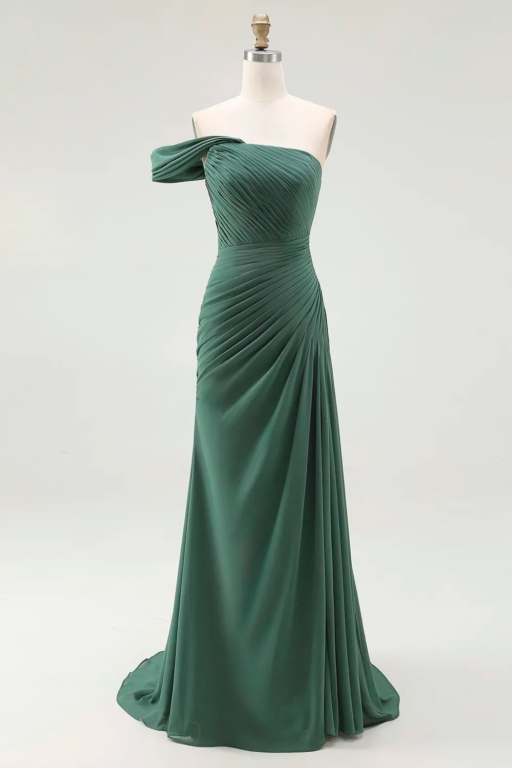 One Shoulder Sheath Pleated Dark Green Long Formal Dress