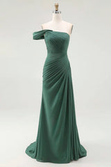 One Shoulder Sheath Pleated Dark Green Long Formal Dress