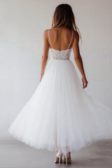 White A Line Spaghetti Straps Lace Engagement Dress