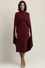Burgundy Sheath High Neck Midi Formal Dress With Shawl