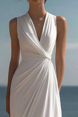 White Ruched V-Neck Sheath Bridal Shower Dress