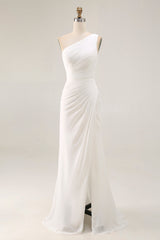 Ivory One Shoulder Ruched Maxi Dress with Slit