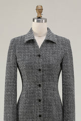 Dark Grey Tweed Pencil Business Casual Dress with Long Sleeves