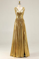 Metallic Gold Pleated A-Line V-Neck Formal Dress With Slit