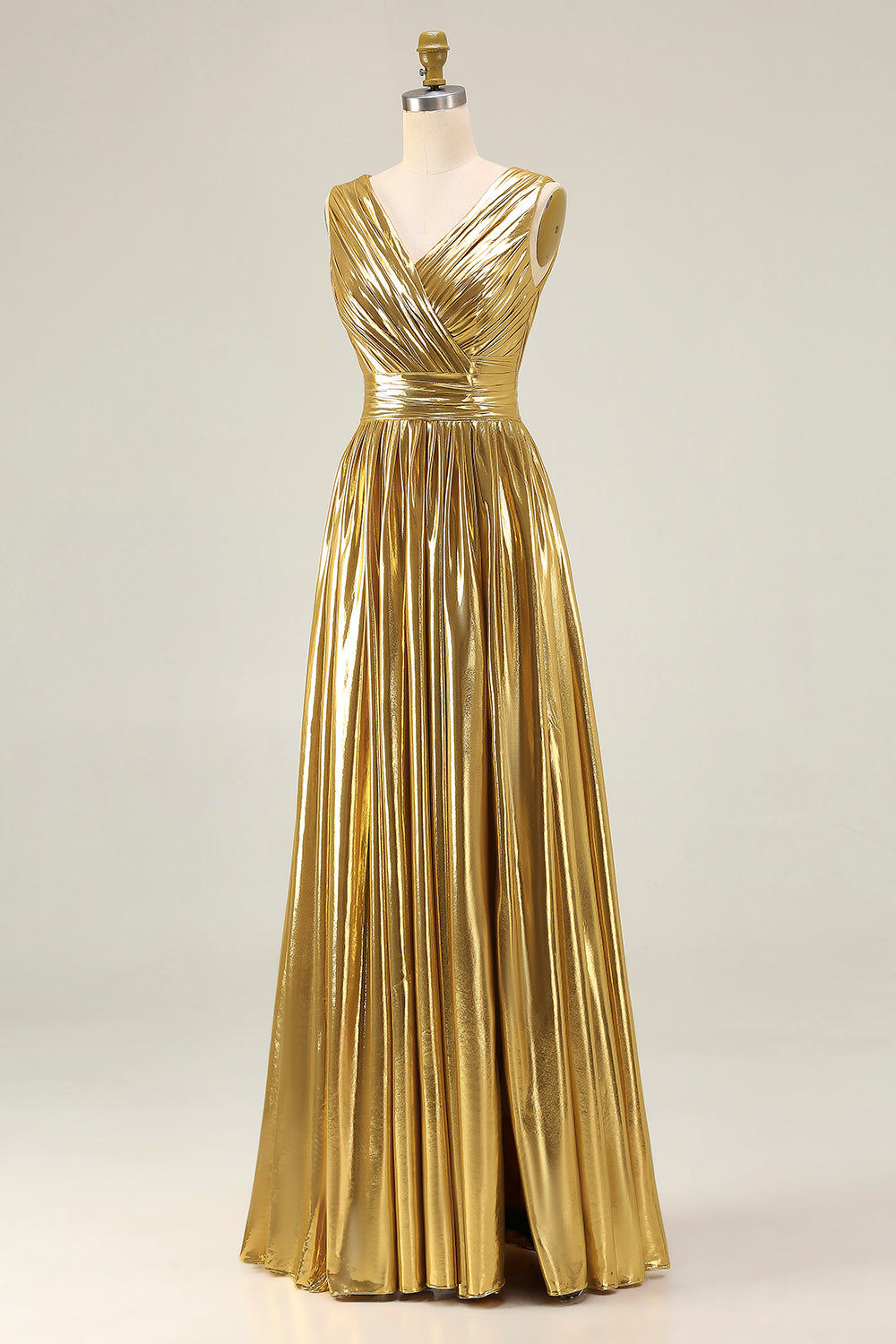 Metallic Gold Pleated A-Line V-Neck Formal Dress With Slit