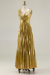 Metallic Gold A-Line Pleated V-Neck Prom Dress