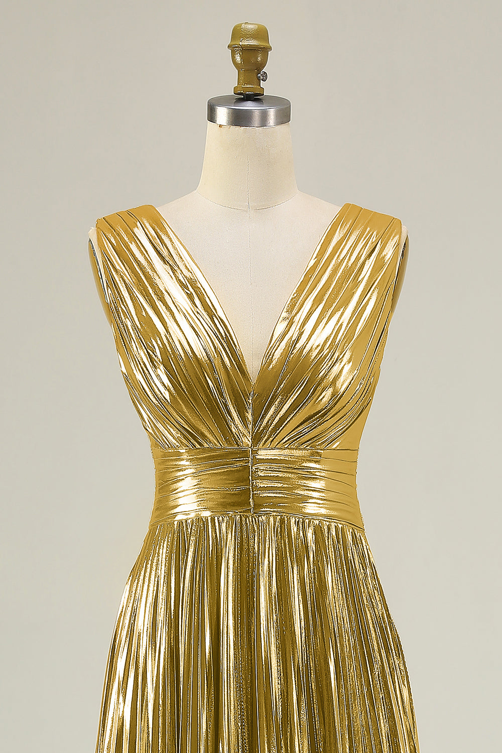 Metallic Gold A-Line Pleated V-Neck Prom Dress