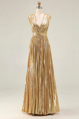 Sparkly Gold A-Line Metallic Pleated Prom Dress
