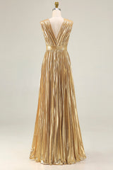 Sparkly Gold A-Line Metallic Pleated Prom Dress
