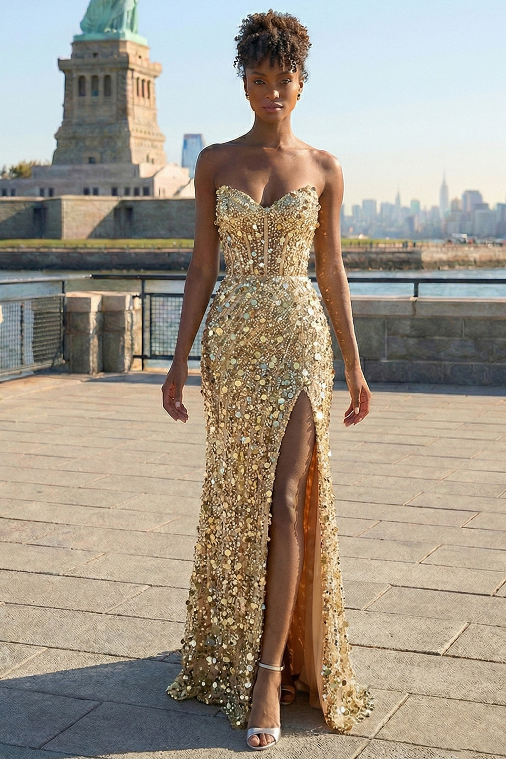 Sparkly Silver Strapless Corset Mermaid Prom Dress With Slit