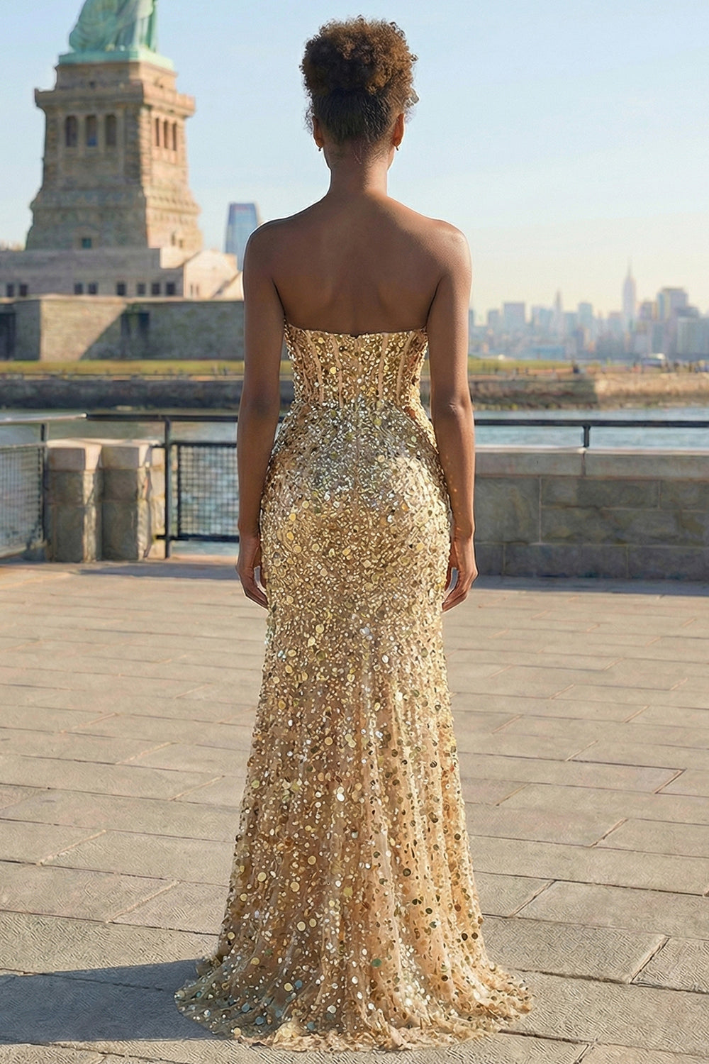 Sparkly Silver Strapless Corset Mermaid Prom Dress With Slit