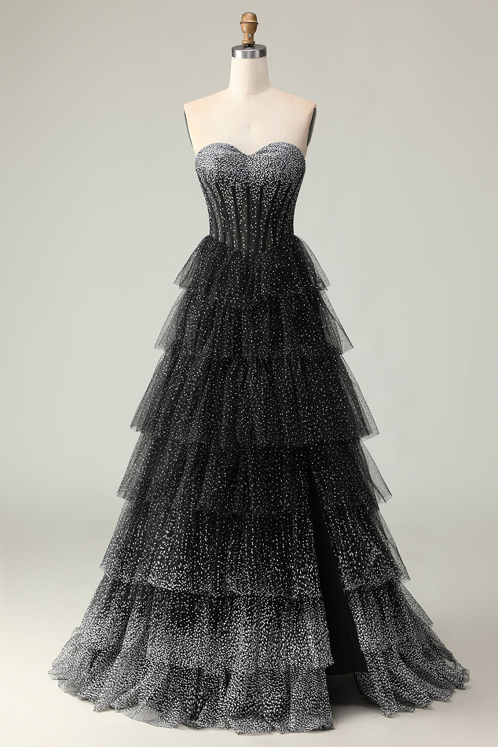 Black White Dot Sweetheart Corset Tiered A-Line Prom Dress With Slit