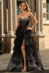 Black White Dot Sweetheart Corset Tiered A-Line Prom Dress With Slit