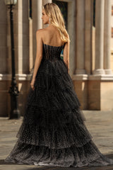 Black White Dot Sweetheart Corset Tiered A-Line Prom Dress With Slit