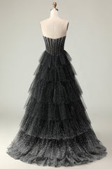 Black White Dot Sweetheart Corset Tiered A-Line Prom Dress With Slit