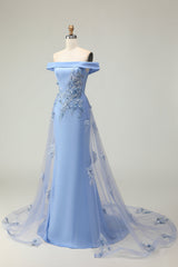 Off The Shoulder Grey Blue Mermaid Mother Of the Bride Dress With Appliques