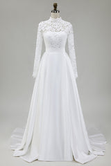Modest Ivory A-Line High Neck Long Sleeve Wedding Dress With Lace