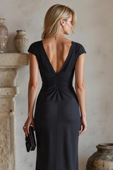 Black Sheath Ruched Long Formal Dress With Slit