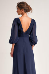 Navy A-Line V-Neck Maxi Wedding Guest Dress With 3/4 Sleeves