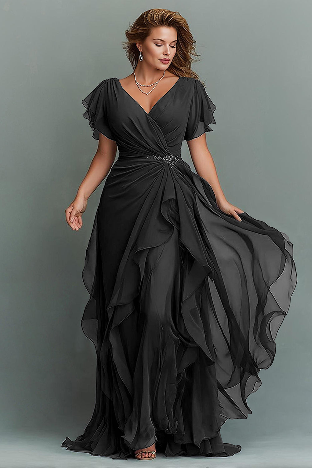 Navy A-Line Chiffon Ruched Maxi Dress With Flutter Sleeves