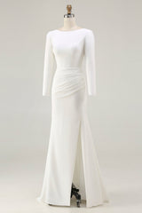 Ivory Ruched Long Sleeve Wedding Dress With Slit