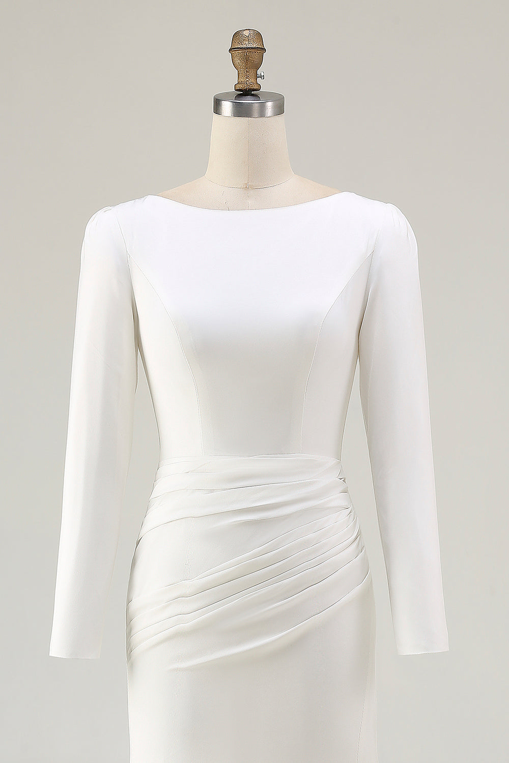 Ivory Ruched Long Sleeve Wedding Dress With Slit