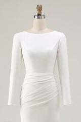 Ivory Ruched Long Sleeve Wedding Dress With Slit