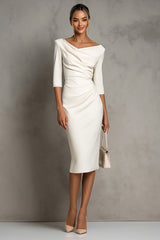 Ivory Sheath V-Neck Midi Dress With Half Sleeves