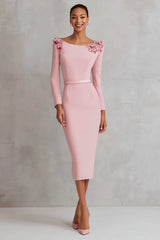 Pink Pencil Long Sleeve Work Dress With 3D Flowers