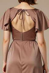 Satin Coffee Scoop Neck Maxi Wedding Guest Dress With Slit