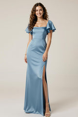 Dusty Blue Sheath Square Neck Maxi Dress With Slit