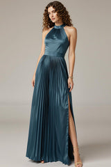 Dark Blue A-Line Halter Pleated Wedding Guest Dress With Slit