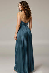 Dark Blue A-Line Halter Pleated Wedding Guest Dress With Slit