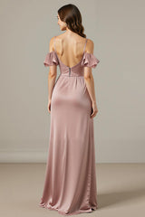 Light Pink Sheath Cold Shoulder Ruched Formal Dress With Slit