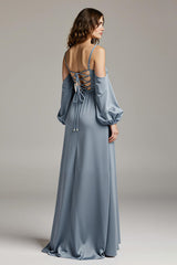 Steel Grey Cold Shoulder Satin Maxi Dress With Slit