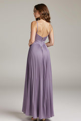 Light Purple Spaghetti Straps A-Line Pleated Maxi Dress With Slit