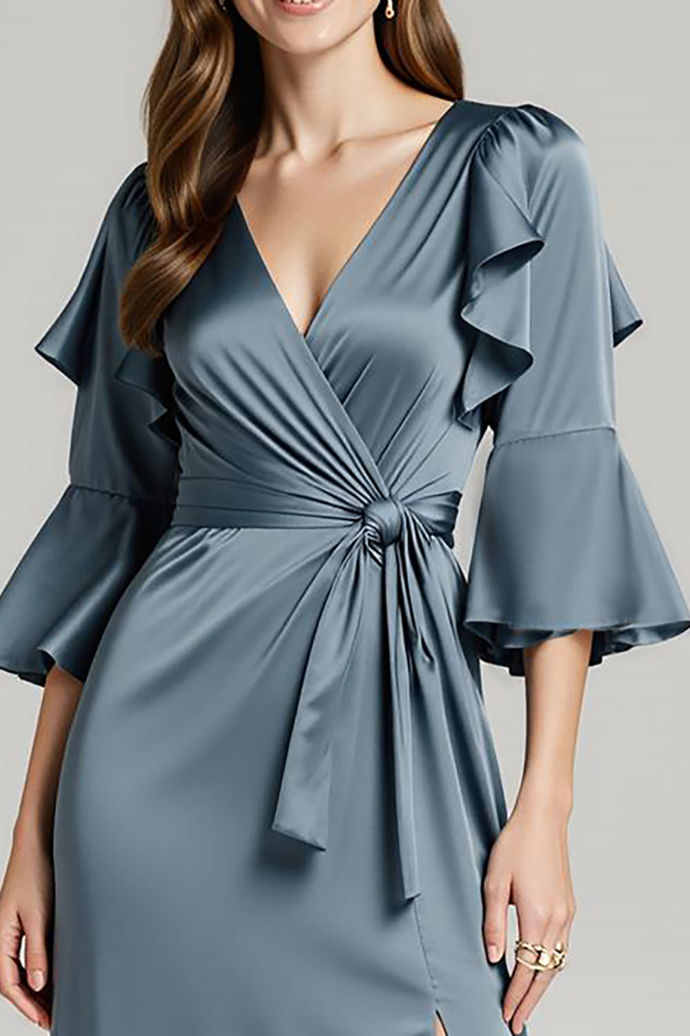 Dark Grey V-Neck Sheath Maxi Dress With Slit