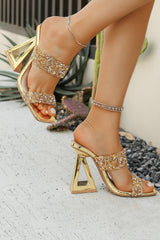 Sparkly Golden Sequin Open Toe Strappy Block Heel Sandals