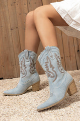 Dark Blue Wide Calf Pointed Toe Chunky Heel Embroidered Cowgirl Boots