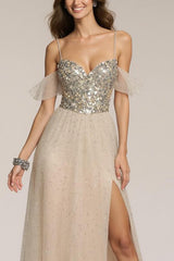 Champagne A-Line Cold Shoulder Sequin Formal Dress With Slit