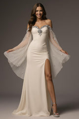 Ivory Beaded Long Sleeve Mermaid Formal Dress With Slit