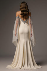 Ivory Beaded Long Sleeve Mermaid Formal Dress With Slit