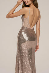 Sparkly Rose Golden Sheath Long Formal Dress With Slit