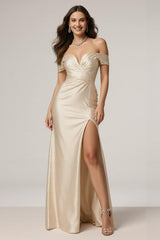 Off The Shoulder Champagne Ruched Sheath Formal Dress