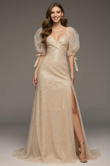 Champagne A-Line Puff Sleeve Maxi Dress with Slit