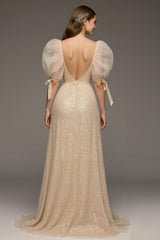 Champagne A-Line Puff Sleeve Maxi Dress with Slit