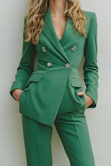 Green Double Breasted 2-Piece Women Suits