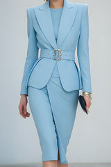 2-Piece Blue Peak Lapel Mini Business Suits With Belt