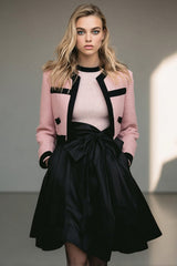 Black Pink 2-Piece Bow Tweed Skirt Suits With Pockets